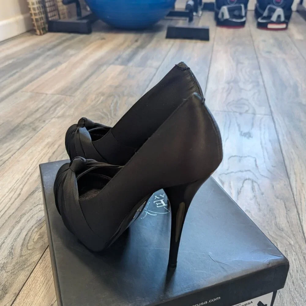 Pleaser Black Satin Heels Gorgeous 28 Platform Stiletto Pumps - Picture 5 of 8